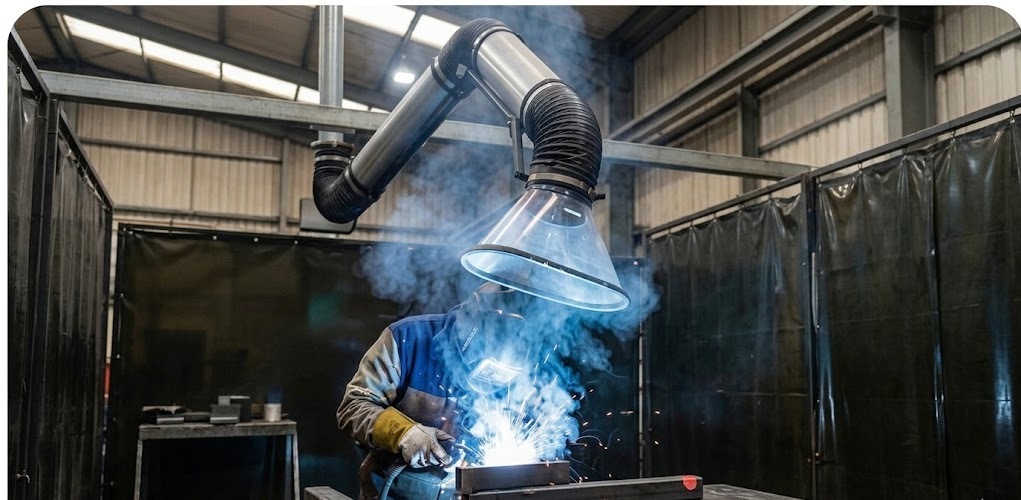 Alt Text: A welder wearing a protective mask and heavy gloves creates bright sparks while a flexible source capture fume extraction arm vents smoke away from the workbench.