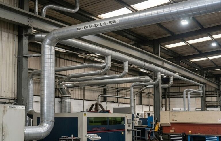 Complex industrial overhead spiral ductwork labeled "MAIN EXTRACTION LINE - ZONE B" running across a warehouse ceiling to vent machinery below.