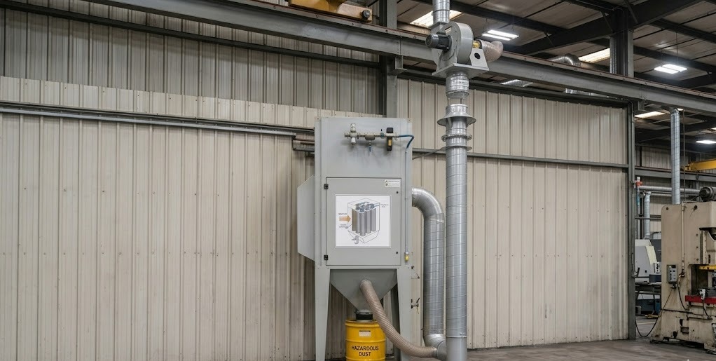 A wall-mounted industrial dust collector system inside a factory, featuring an illustrated diagram on its front panel, connected spiral ductwork, an overhead blower fan, and a yellow collection drum labeled "HAZARDOUS DUST" below.