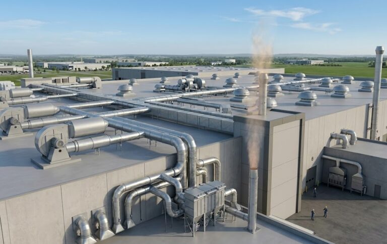 Industrial roof ventilation system with multiple rooftop exhaust ventilators installed on a large manufacturing warehouse.