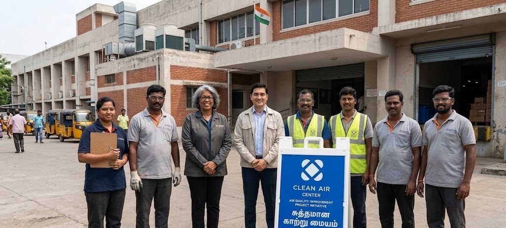 A professional group of eight Indian workers, engineers, and corporate managers standing together outside a modern multi-story factory facility in Chennai, Tamil Nadu. A large white A-frame sign stands prominently in the foreground, displaying a blue square with a geometric icon and the words "CLEAN AIR CENTER" written in both English and Tamil script. The team is dressed in a mix of corporate business casual attire and industrial work uniforms, including safety vests and protective glasses. An Indian flag is visible on the brick and concrete building facade in the background, alongside parked yellow auto-rickshaws.