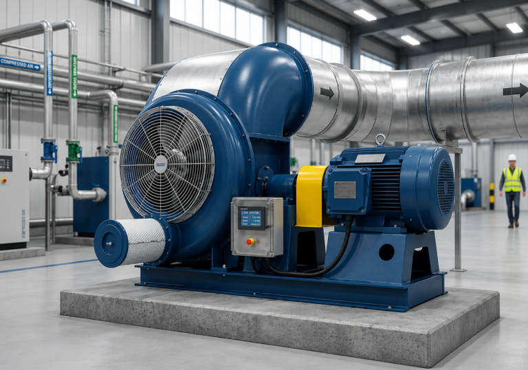Industrial centrifugal blower with ducting system for factory ventilation, dust extraction, and process air handling.