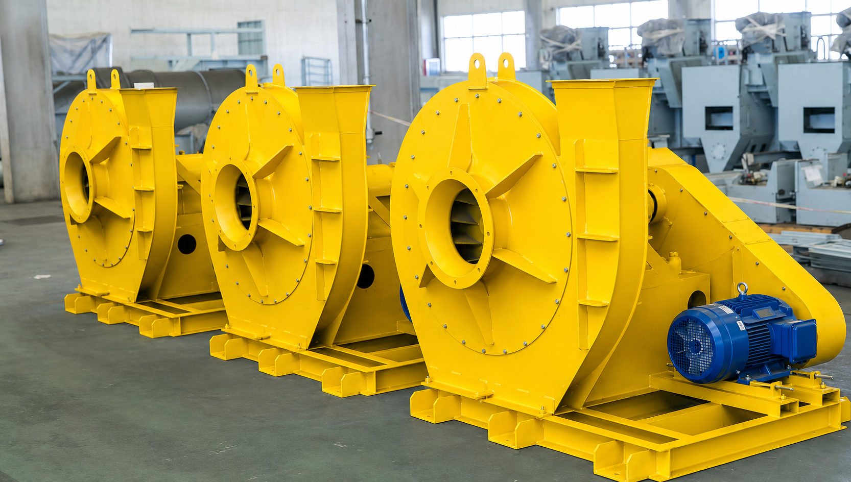 Three safety yellow industrial centrifugal blowers installed in a manufacturing facility for industrial ventilation and air movement systems.