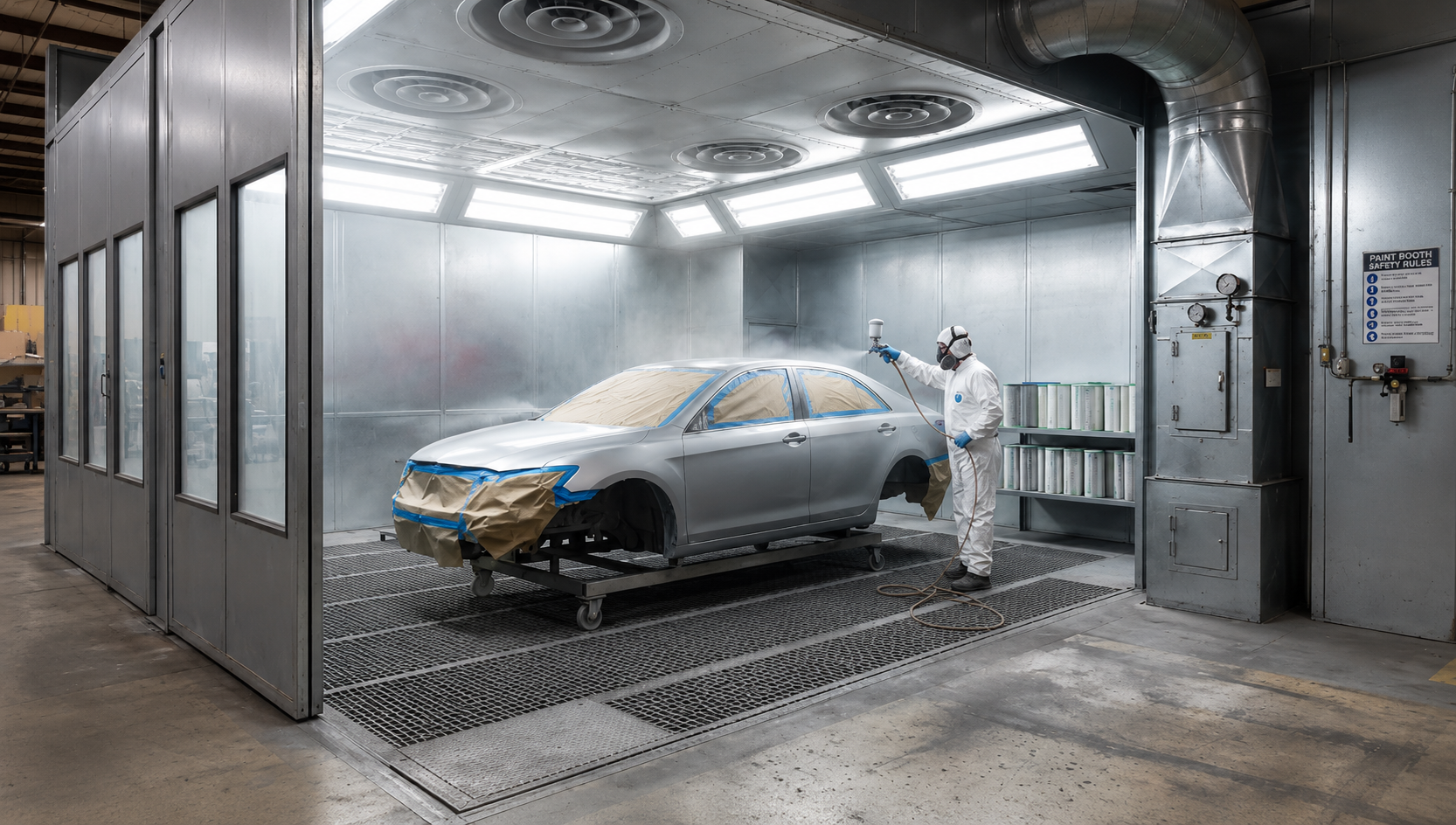 Automotive paint booth with industrial ventilation and exhaust system for paint fume extraction and high-quality vehicle finishing.