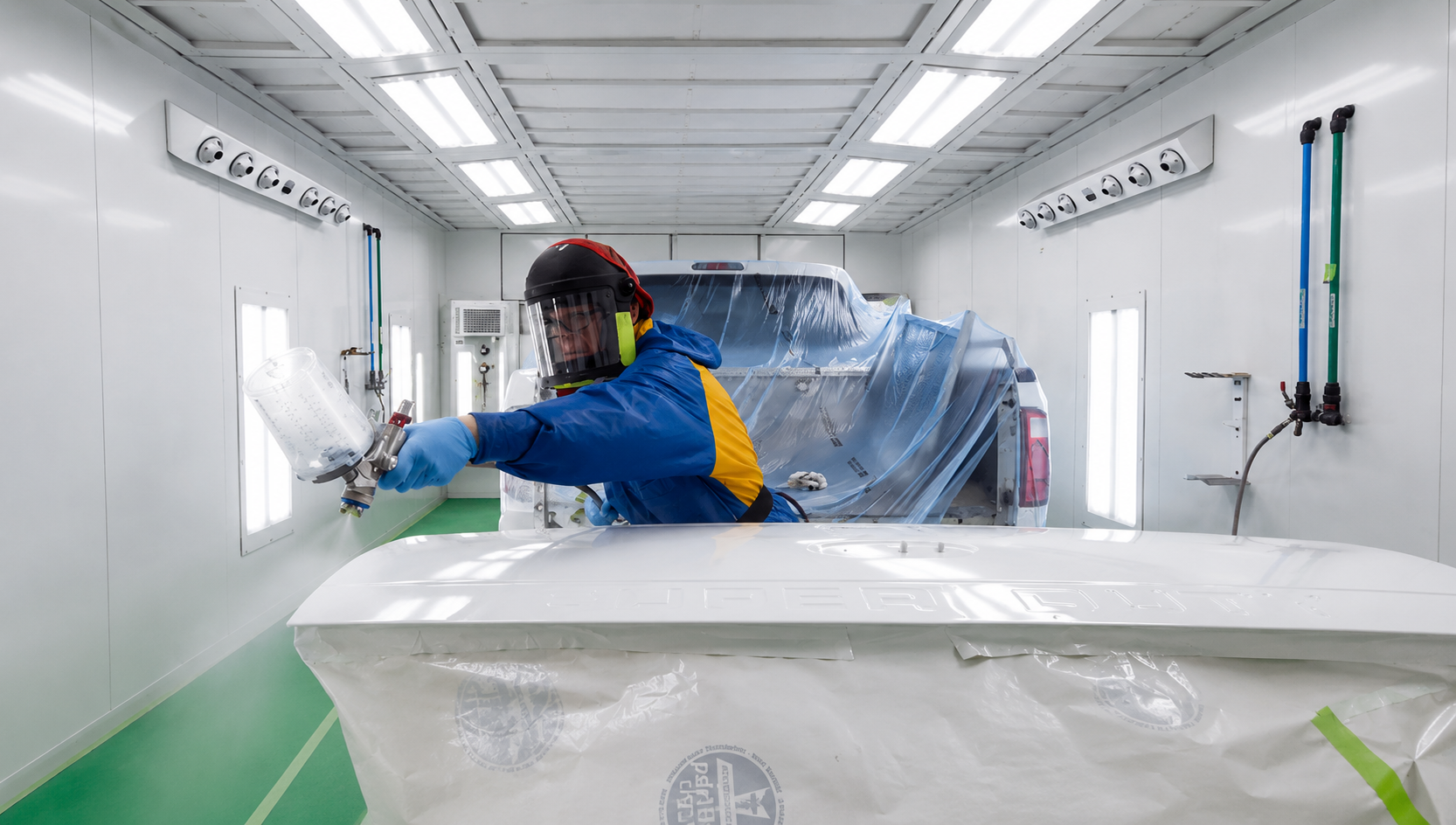 Automotive paint booth with controlled airflow and exhaust ventilation system for vehicle painting and refinishing.