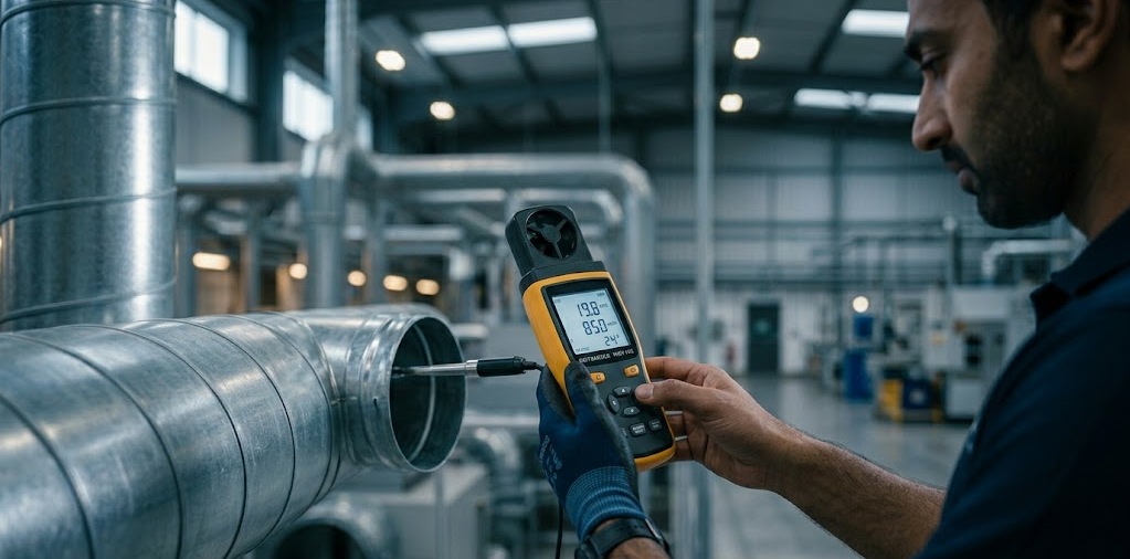 An Indian industrial engineer using a handheld digital anemometer airflow meter to audit ventilation ductwork in a manufacturing facility.
