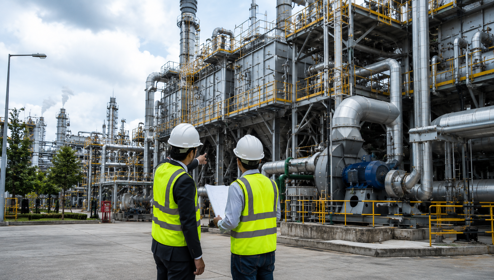 Two industrial engineers inspecting a large pollution control system at a manufacturing facility with ductwork, filtration equipment, and industrial ventilation infrastructure.