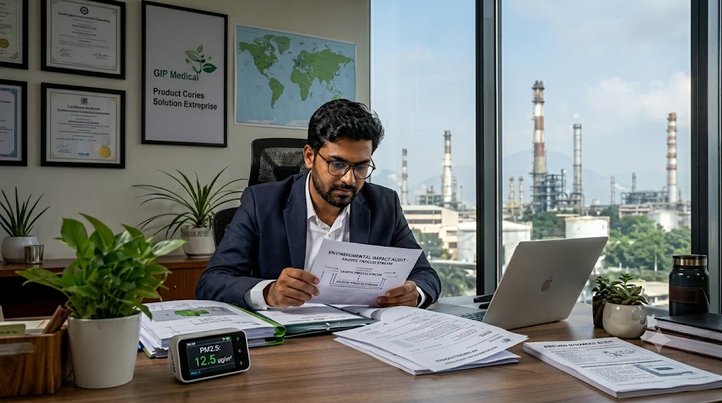 An Indian environmental consultant in a suit analyzing an environmental impact audit document at his office desk with an industrial plant visible through the window