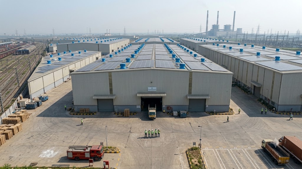 Industrial roof ventilation system with multiple rooftop exhaust ventilators installed on a large manufacturing warehouse.